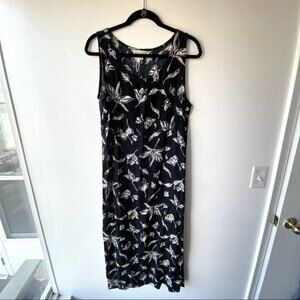 Vintage 90s Uniform John Paul Richard Black Semi Sheer Leaf Print Maxi Dress